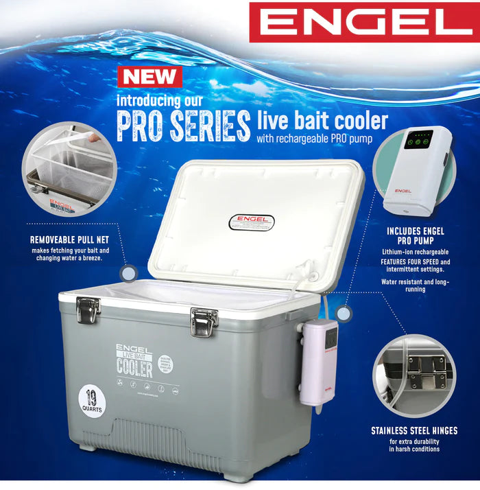 Engel 13Qt Live bait Pro Cooler with AP3 Rechargeable Aerator & Stainless Hardware